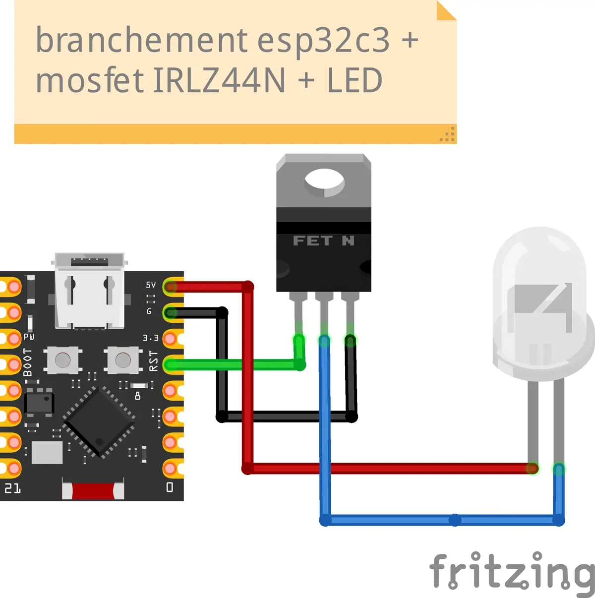 Branchement ESP32C3, MOSFET IRLZ44N et LED Schéma de câblage ESP32C3 + IRLZ44N + LED